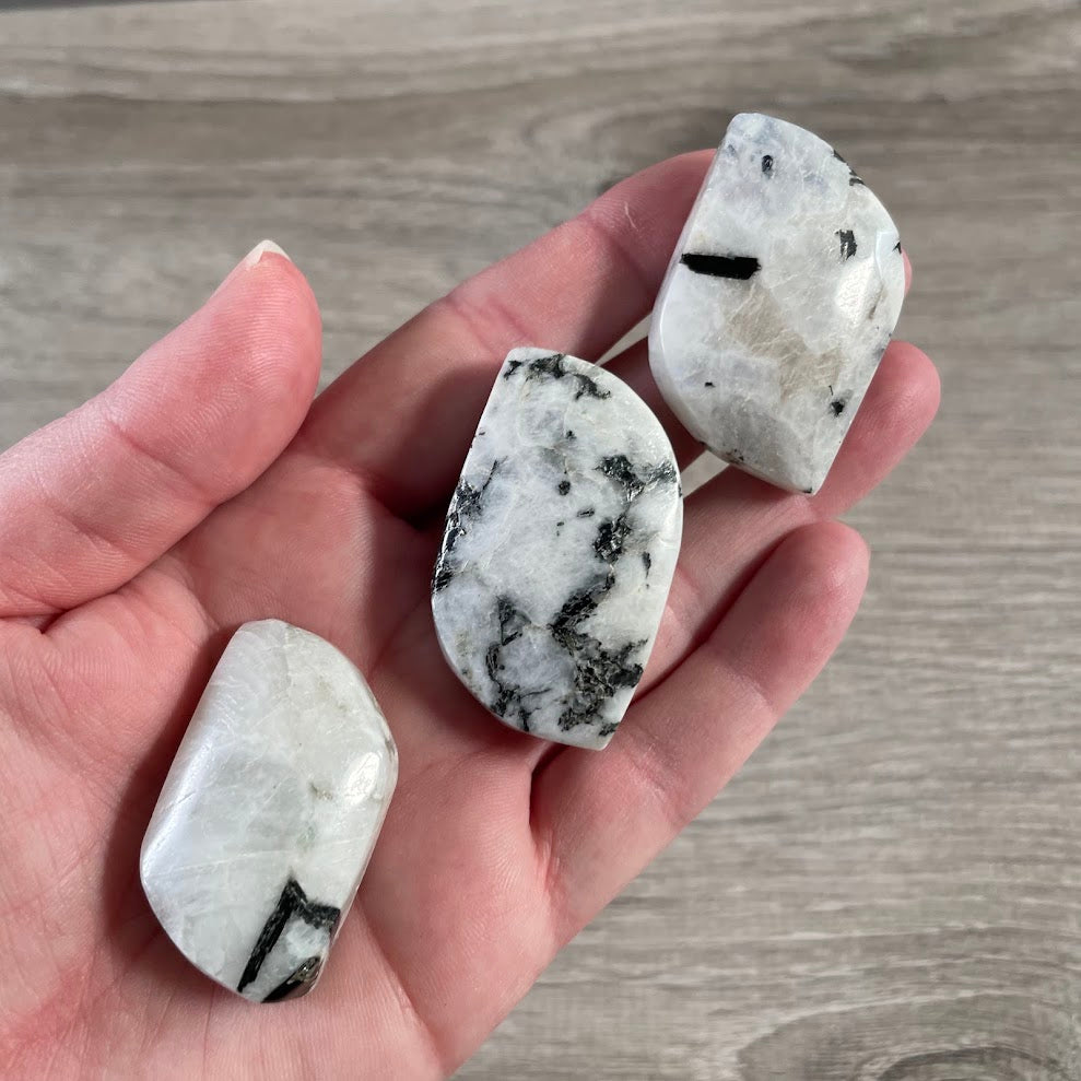 Natural Rainbow Moonstone with Black Tourmaline inclusions freeform crystal