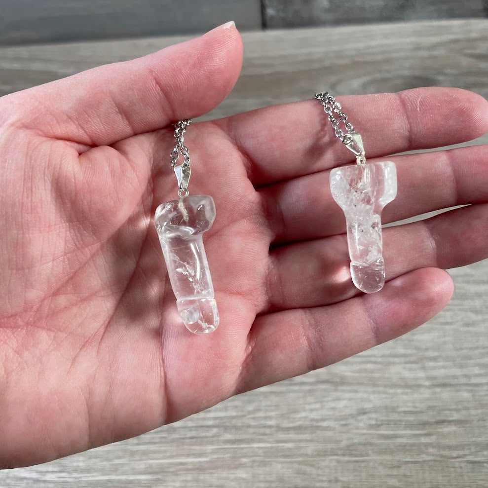 Clear Quartz phallic symbol shaped stone pendant necklace with stainless steel chain
