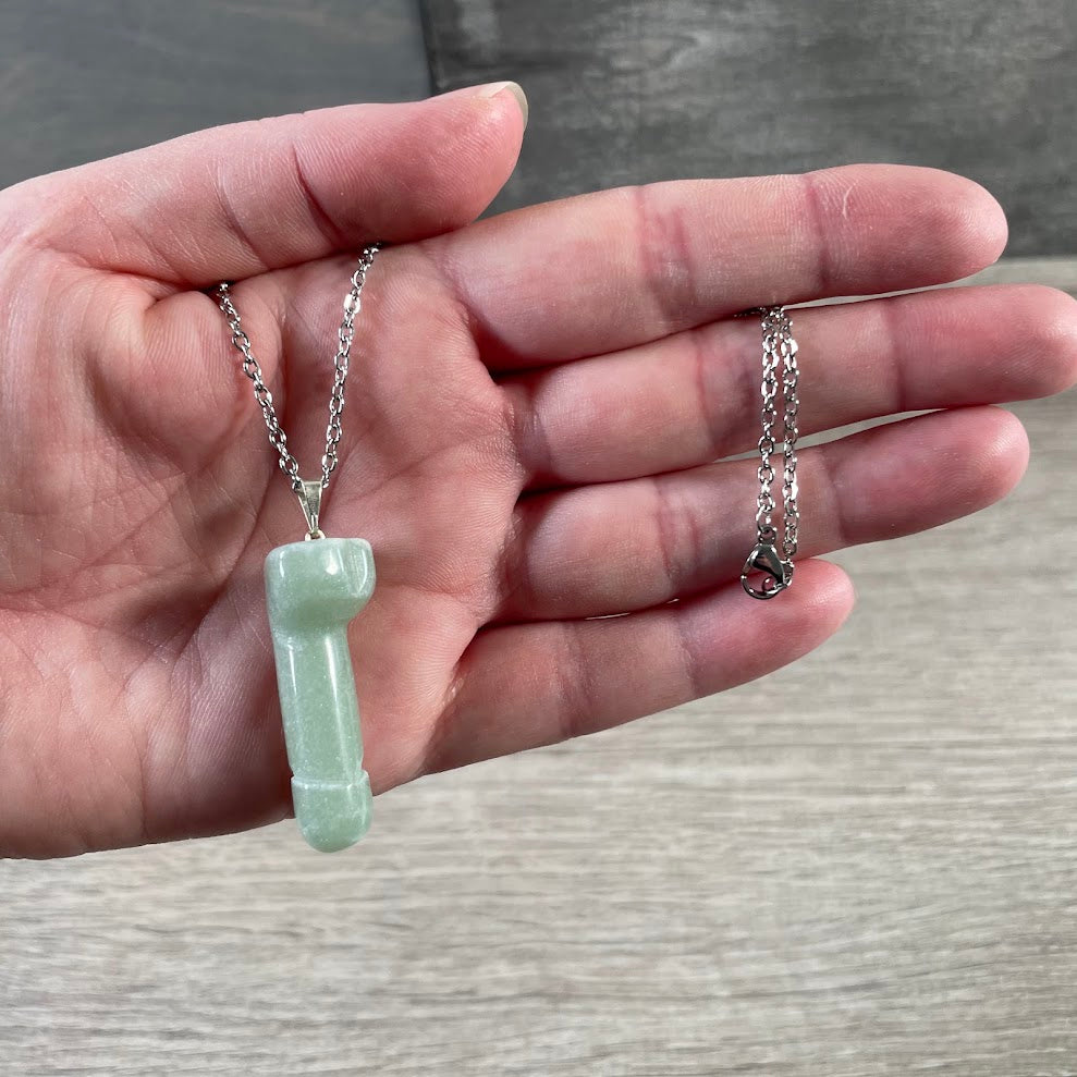 Aventurine stone phallic pendant on stainless steel necklace chain