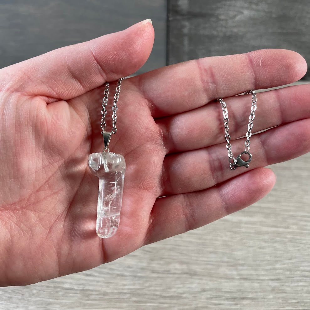 Clear quartz unique stone charm necklace with polished phallic symbol design