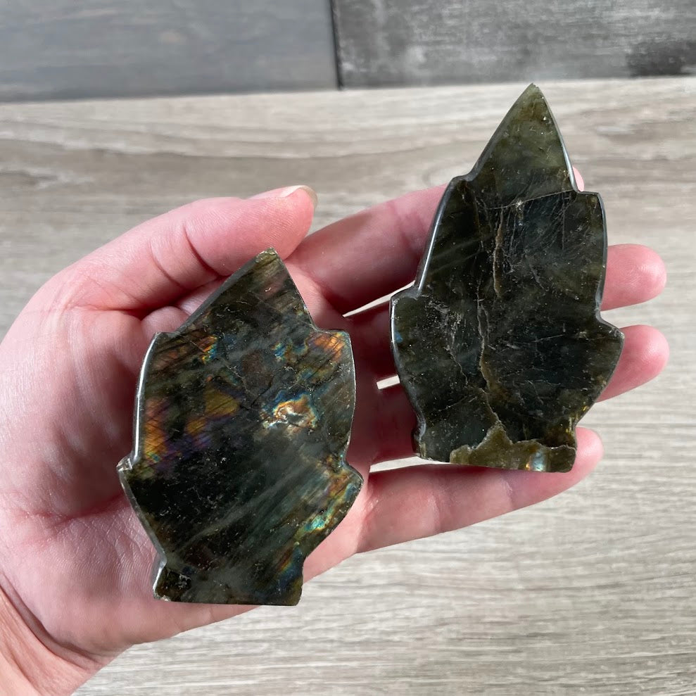 Labradorite crystal fleur-de-lis carving with unique natural flash and pattern