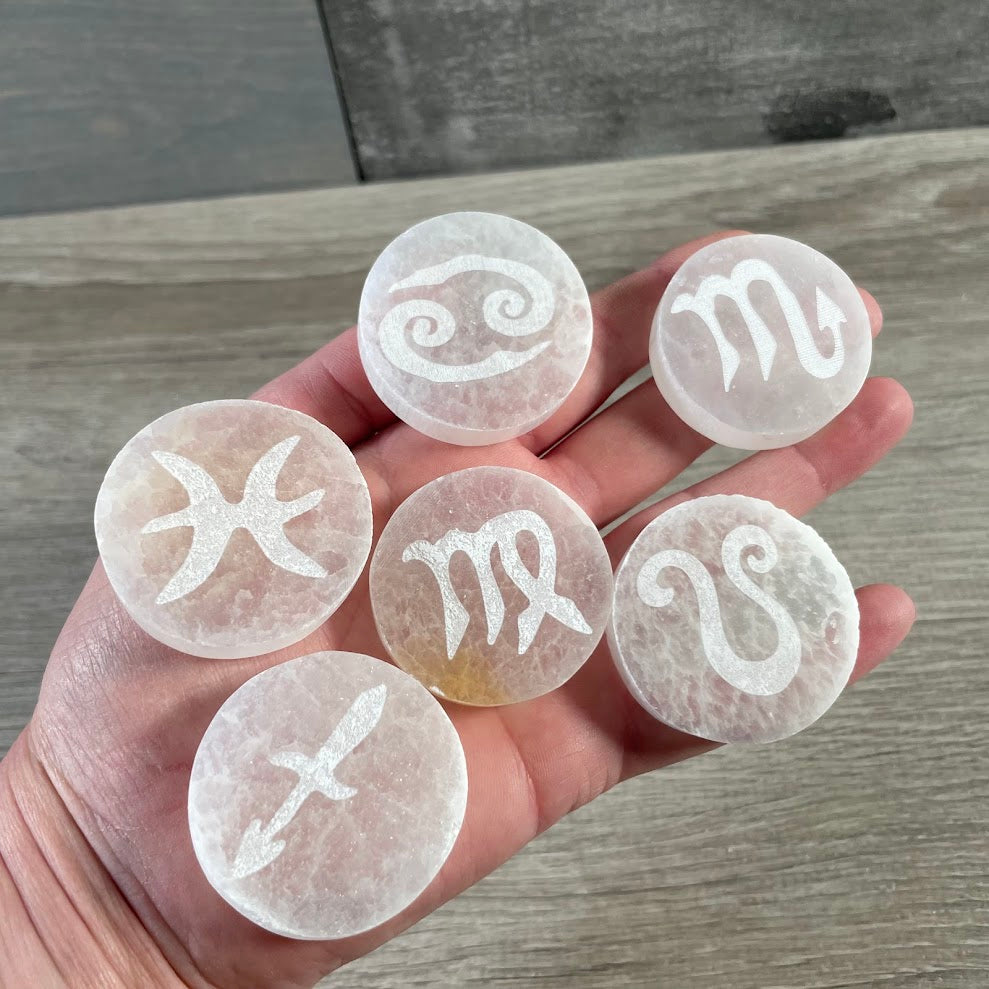 engraved astrology selenite plate for crystal grids for rock shops