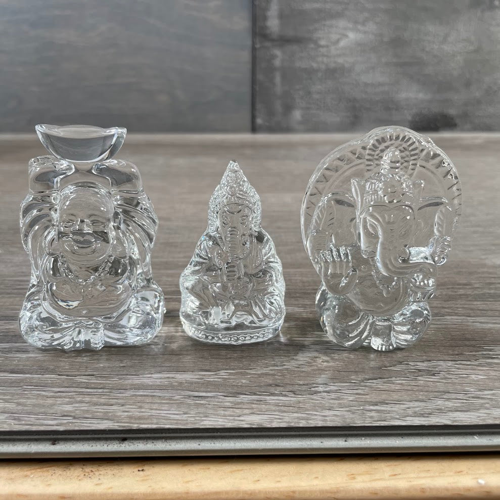 Buddha and Ganesha glass figurines for spiritual gift shops