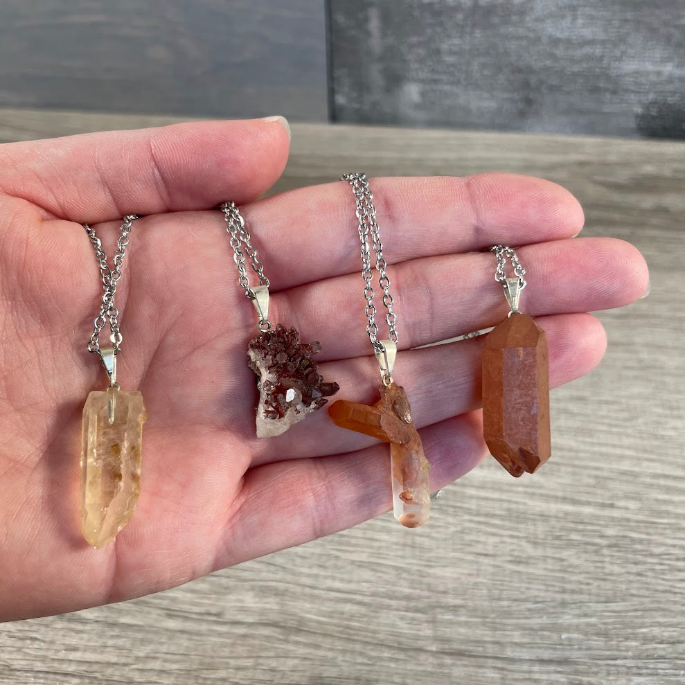 hematoid quartz crystal point and cluster necklace on stainless steel chain