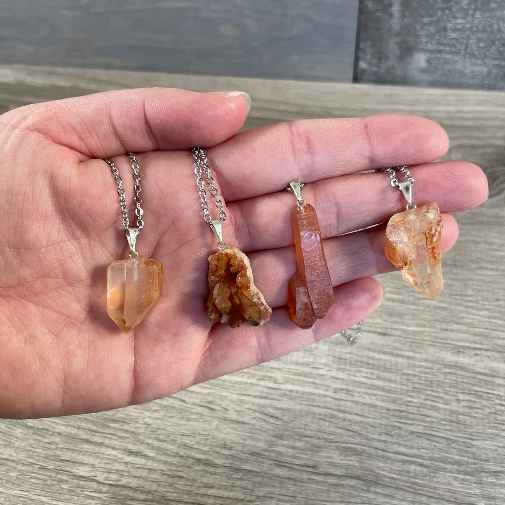 natural hematoid quartz point and cluster pendants stainless steel chain for rock shops