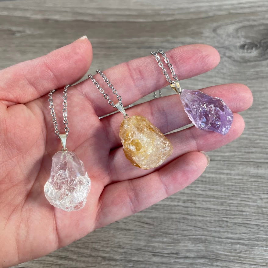 Healing crystal necklace with stainless steel chain raw gemstone wholesale