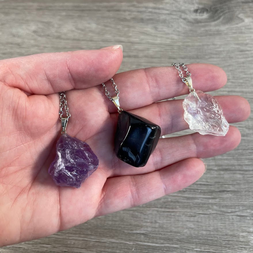 Raw gemstone necklace on stainless steel chain natural crystal pendant