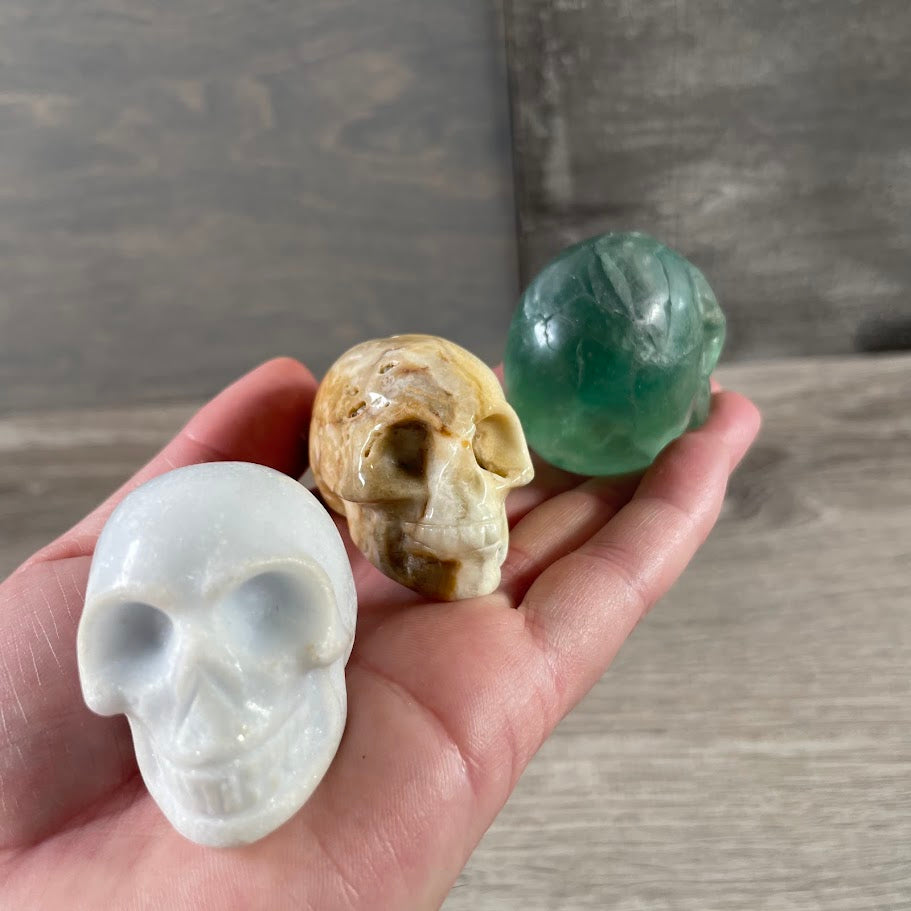Assorted Gemstone Skull Figurines – Crystal Carvings in Bulk
