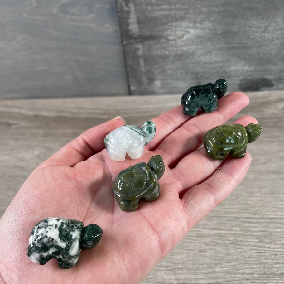 moss agate pocket size turtle figurine carved from healing stone