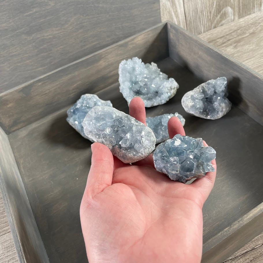 Celestite clusters for meditation and metaphysical practices.