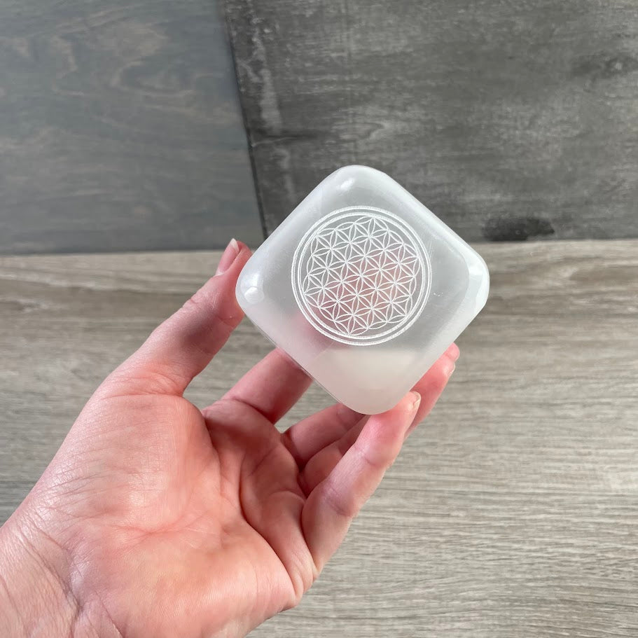 selenite cube with etched flower of life for yoga studios