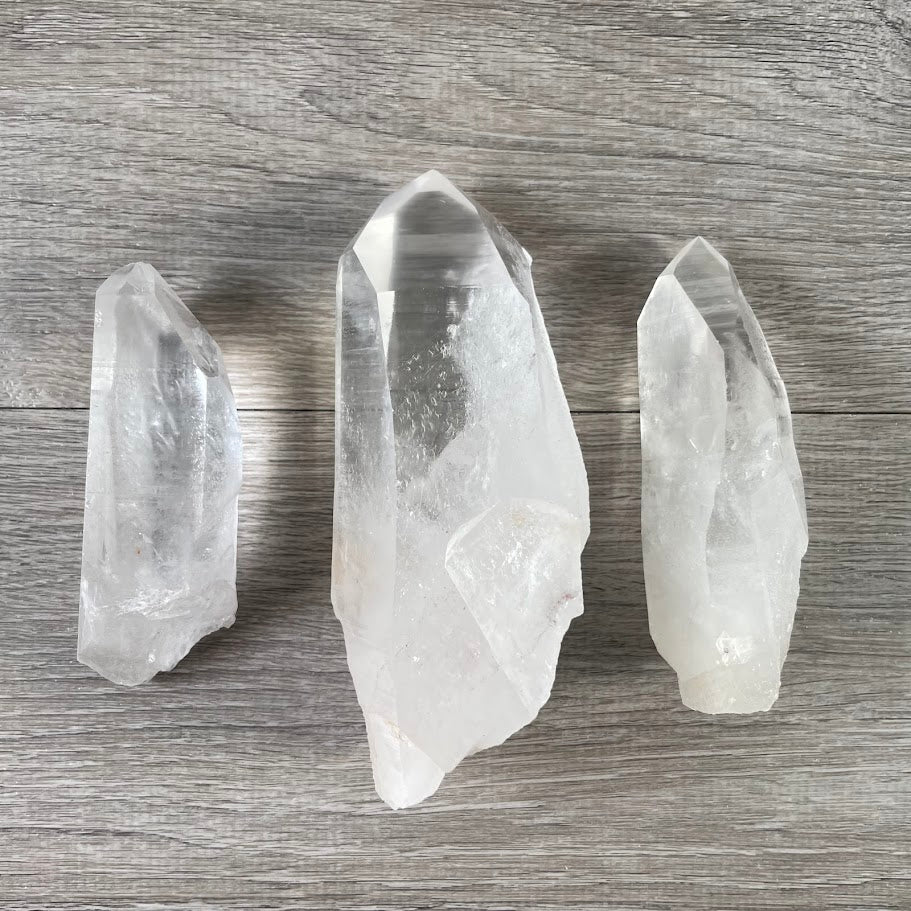 Lot of three lemurian quartz points, for metaphysical shops