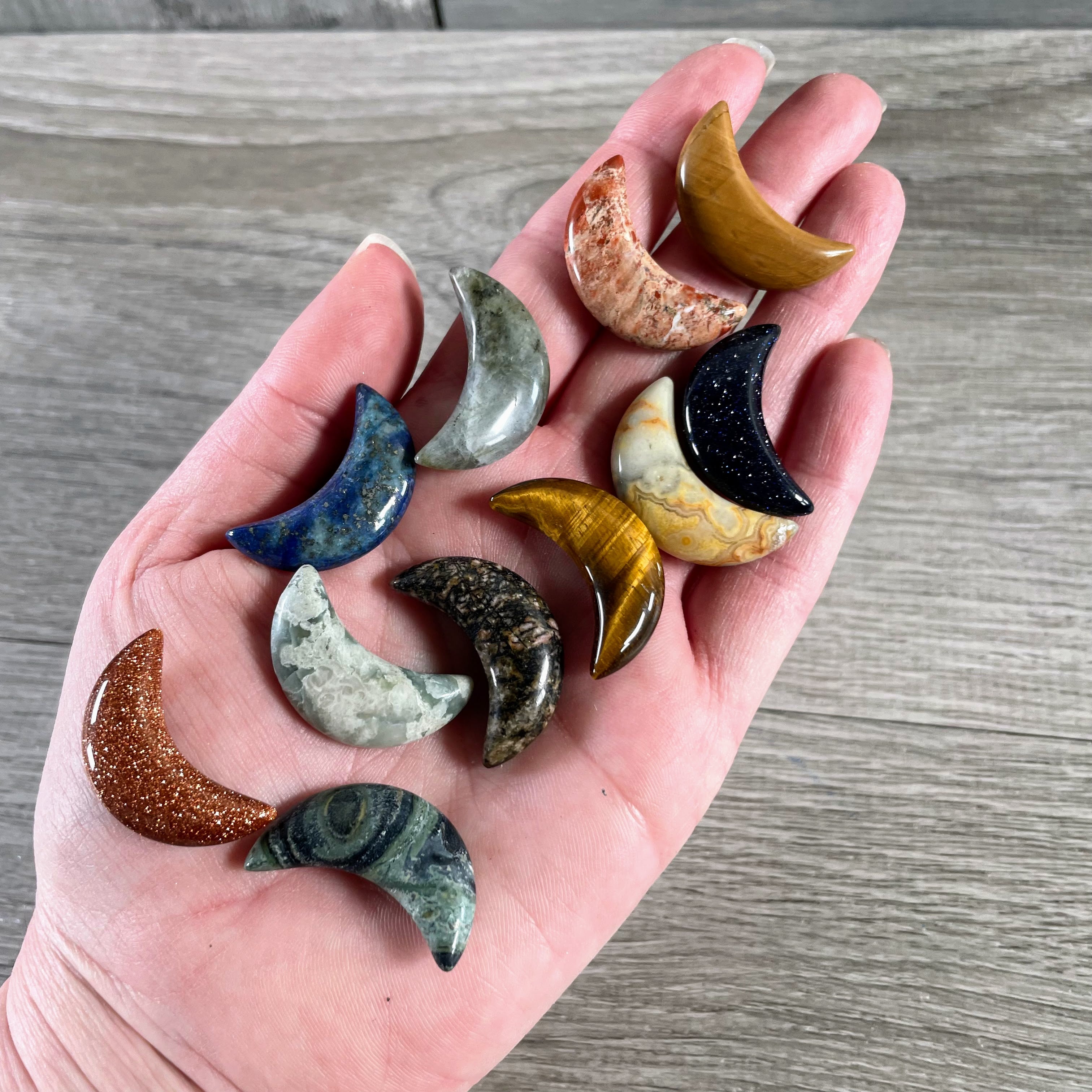 1-inch assorted gemstone crescent moon carving
