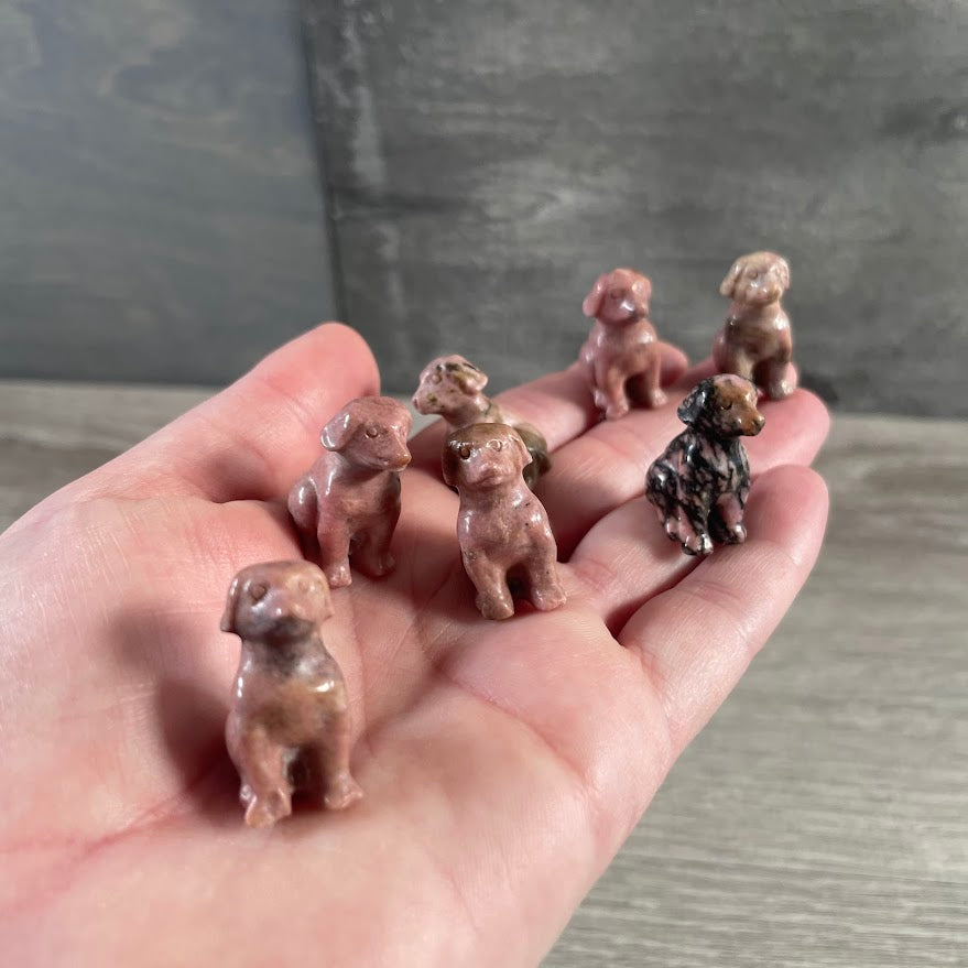 Rhodonite small dog shaped gemstone carving for retail display