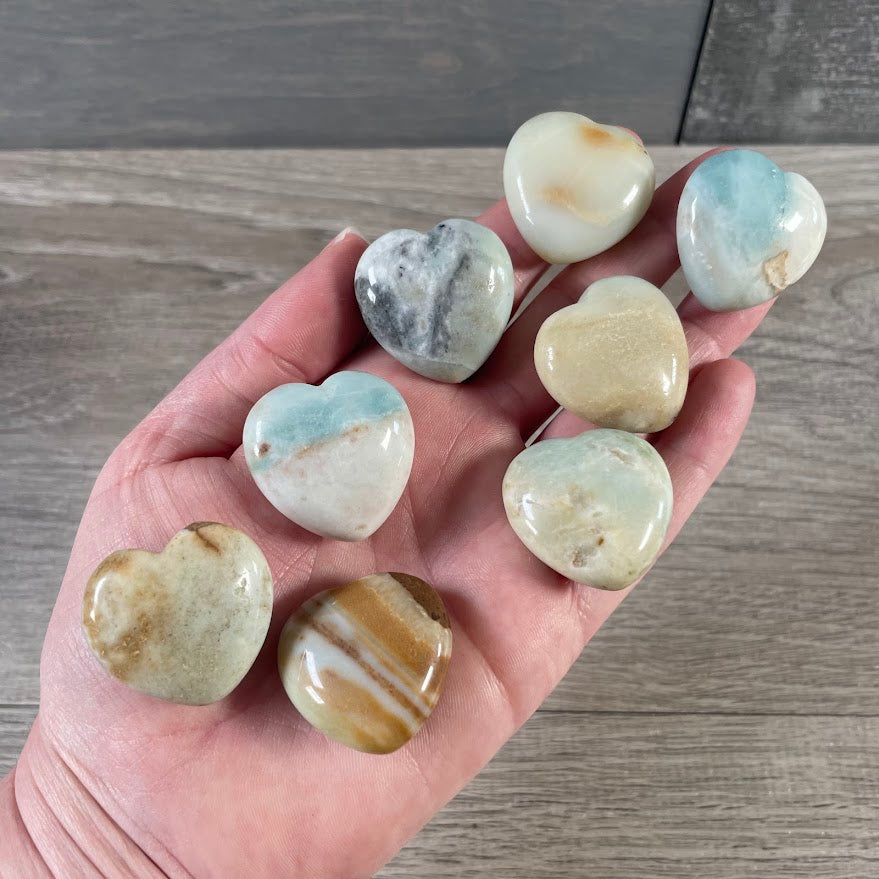 Amazonite bulk gemstone hearts for retail display
