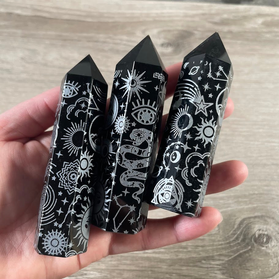Black Obsidian Etched Obelisk – Assorted Styles