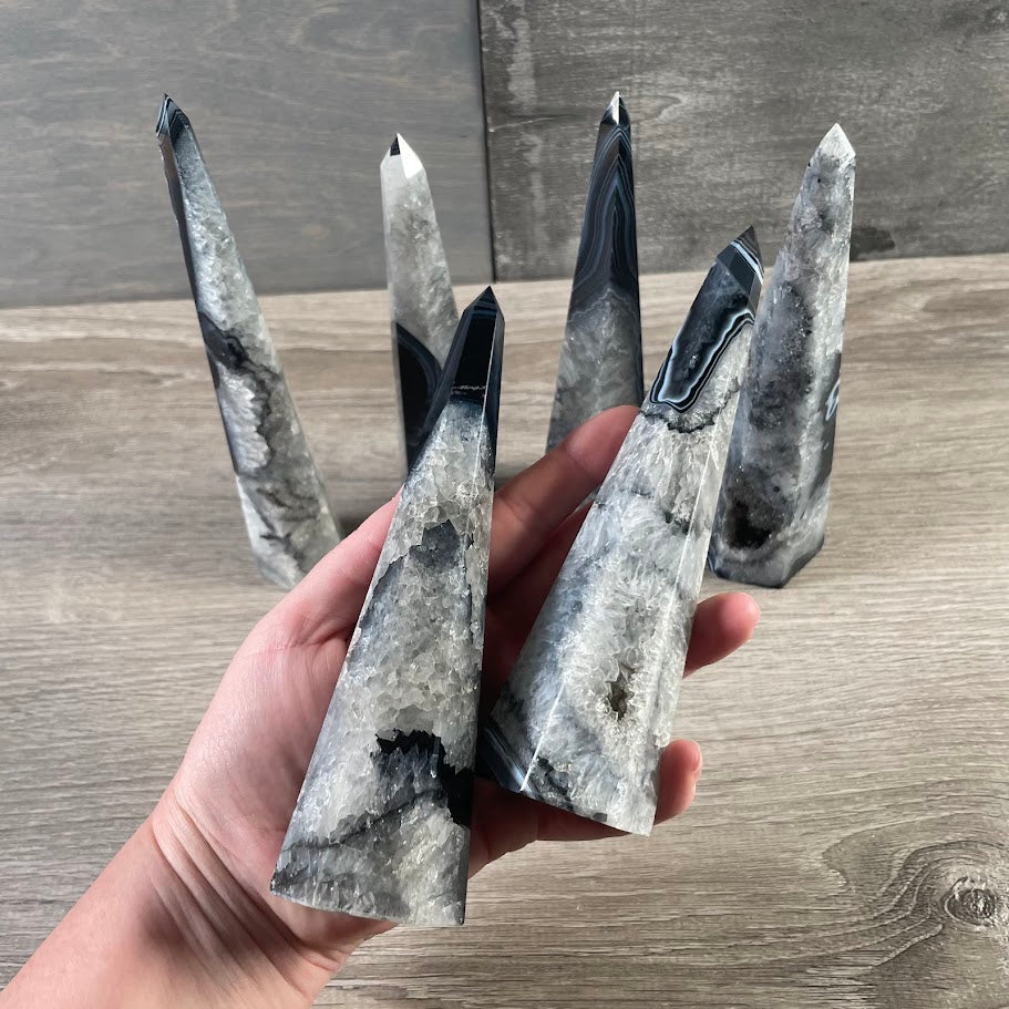 polished gemstone triangle tower for retail display