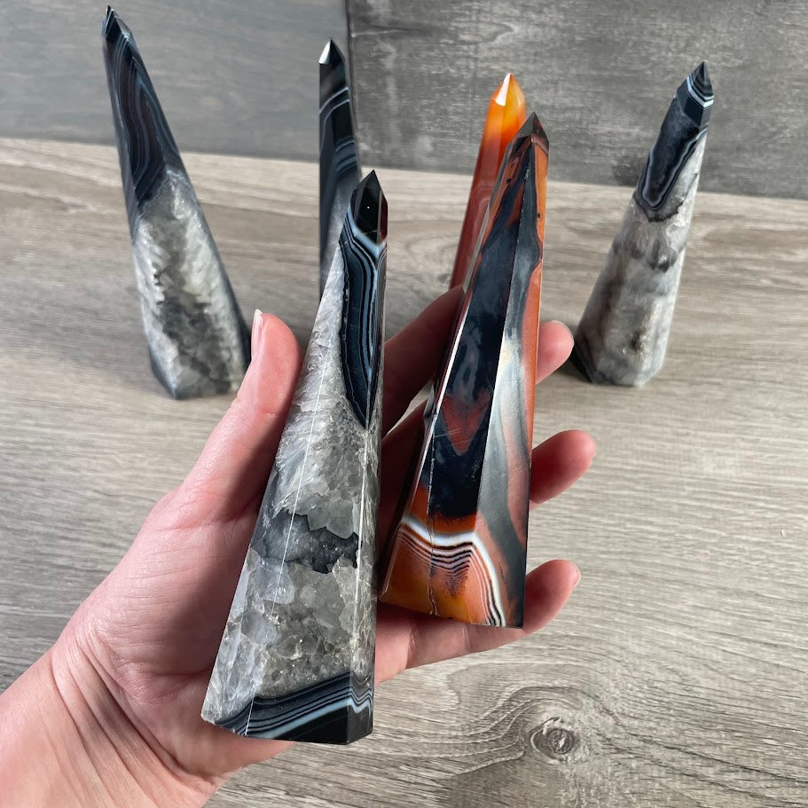 Sardonyx triangle-shaped crystal tower energy grid stone