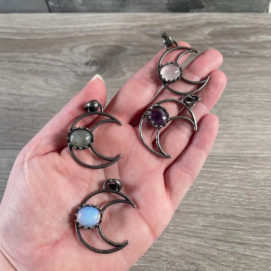 Moon Pendant Necklace – Gunmetal or Silver with Crystal