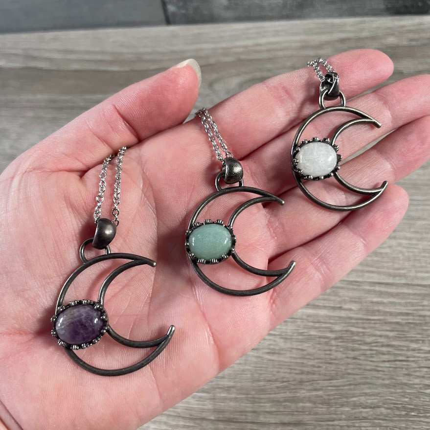Moon Pendant Necklace – Gunmetal or Silver with Crystal