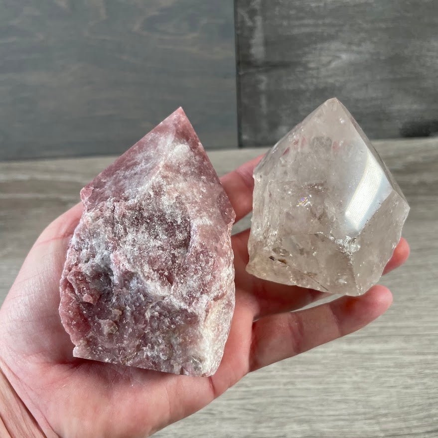 raw edge crystal point showing polished top and natural texture on sides