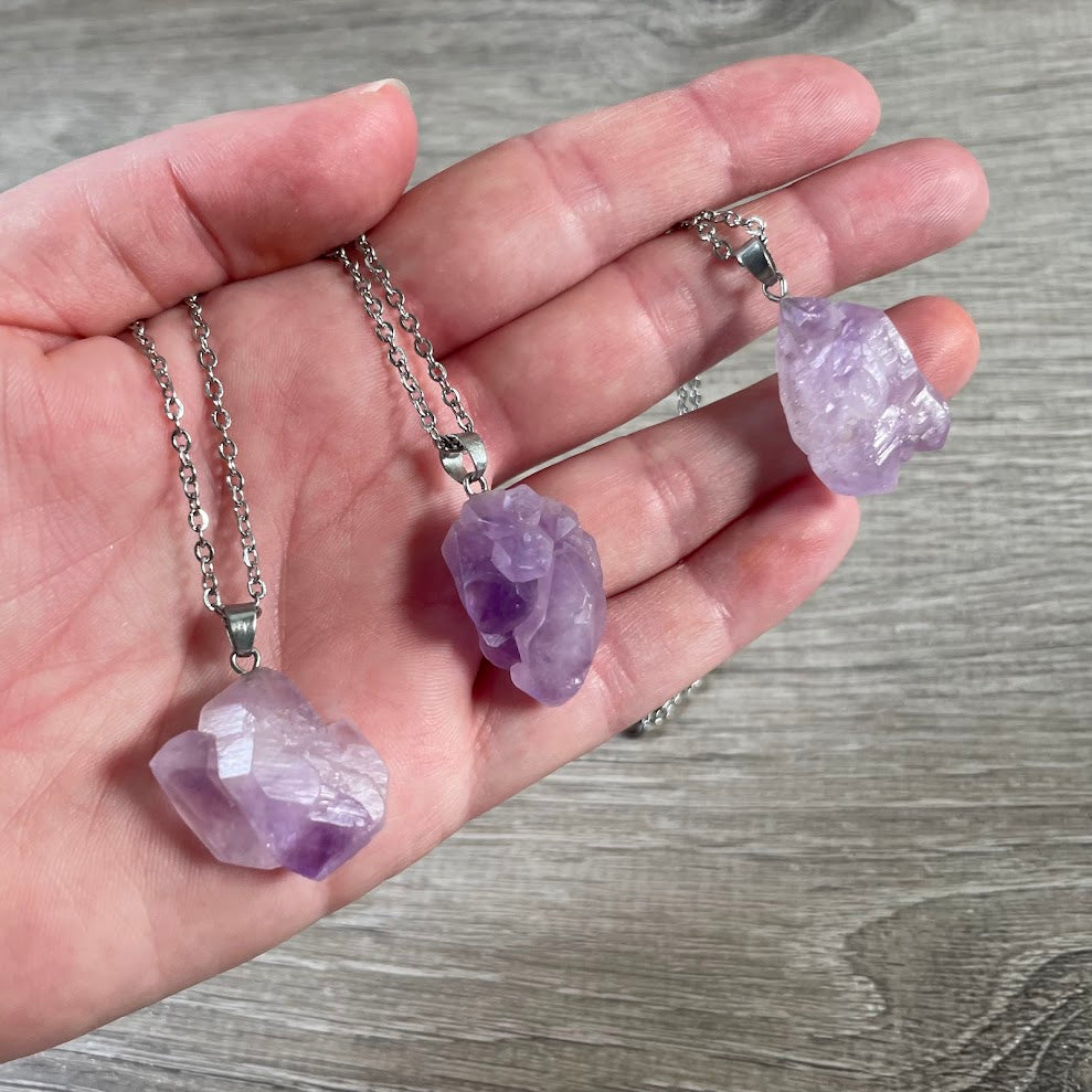 raw amethyst pendant necklace on stainless steel chain bulk wholesale
