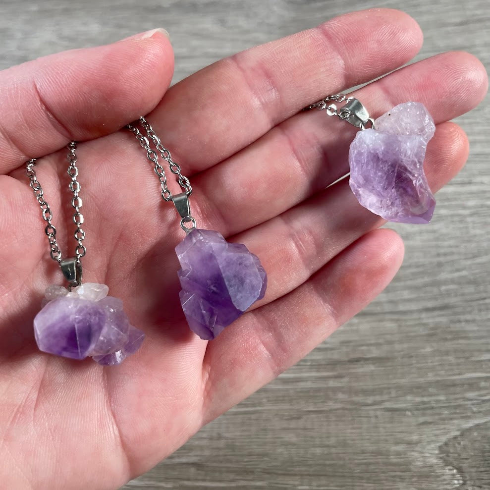 raw purple crystal pendant stainless steel chain wholesale inexpensive jewelry