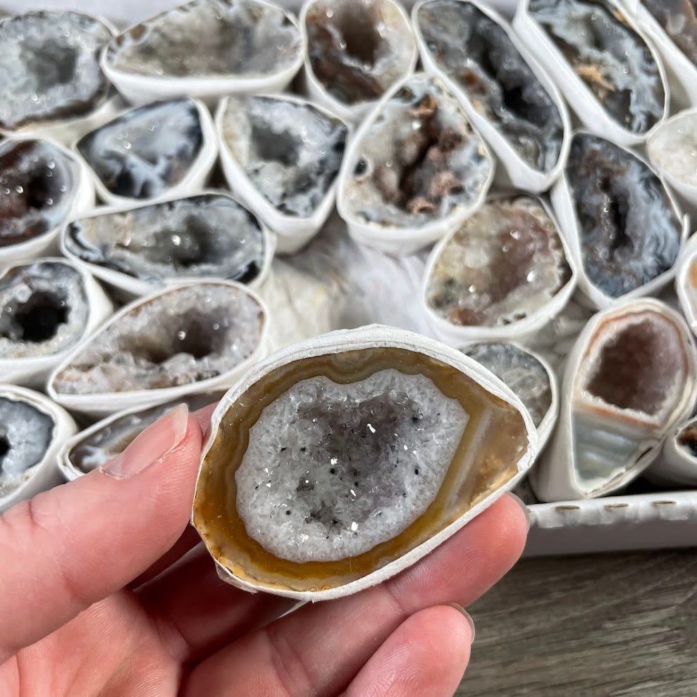 Ocho geode half flat with druzy quartz center rock shop supply