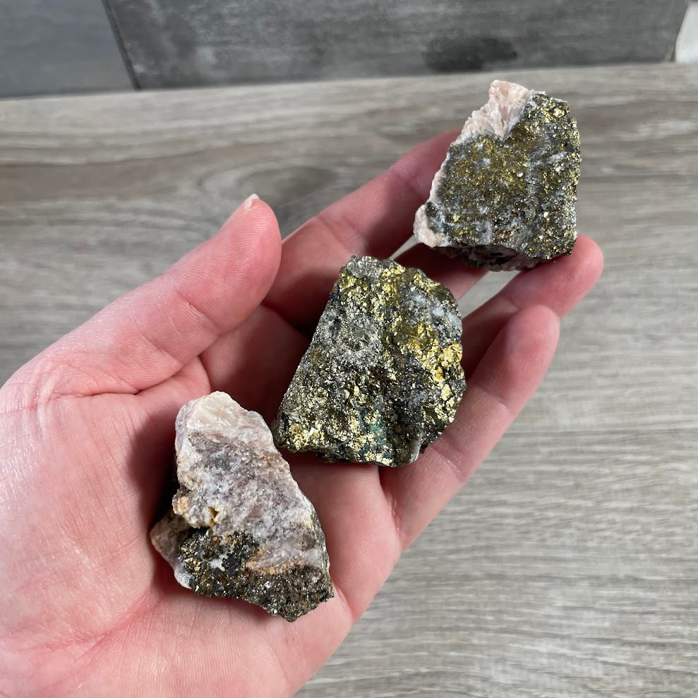 golden chalcopyrite raw chunk in matrix for rock shops