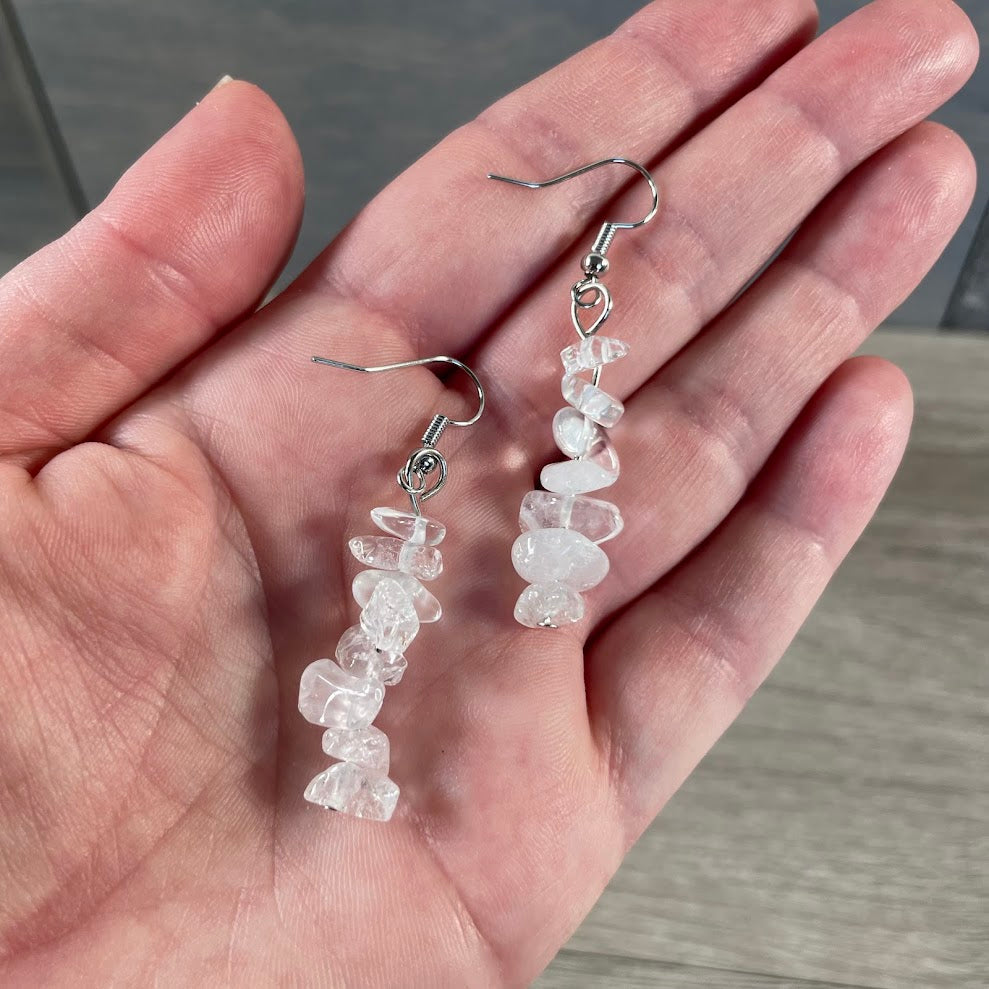 clear quartz boho gemstone chip earrings for metaphysical shops and retail jewelry collections