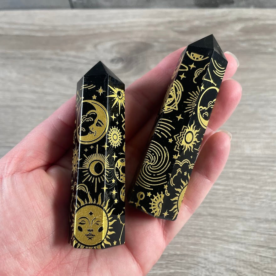 Black Obsidian Etched Obelisk – Assorted Styles