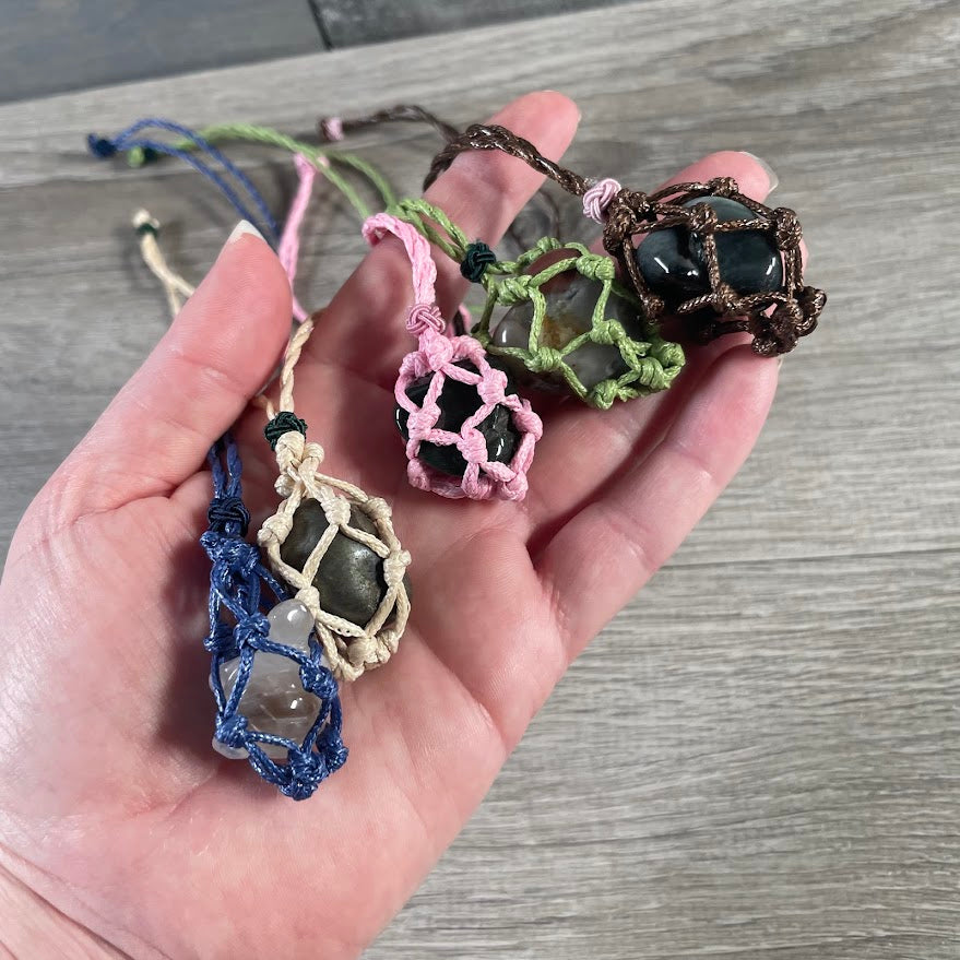Adjustable Macrame Crystal Cage Necklace – Gemstone Holder