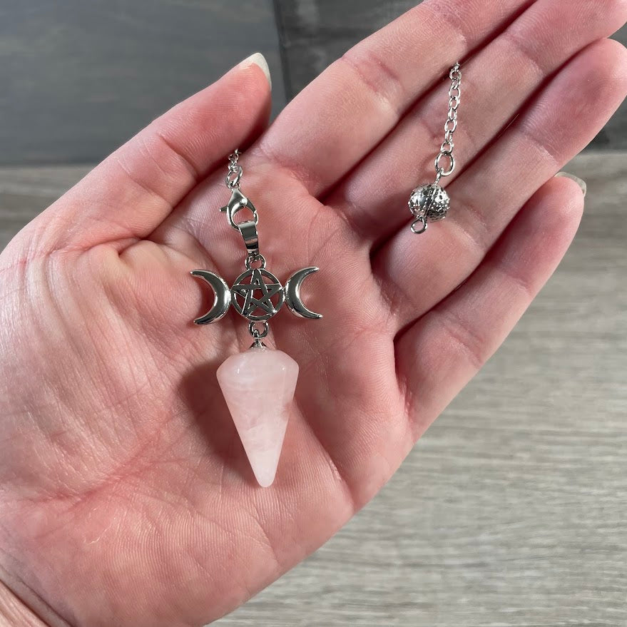 Rose Quartz Triple Moon pendulum for chakra and ritual use