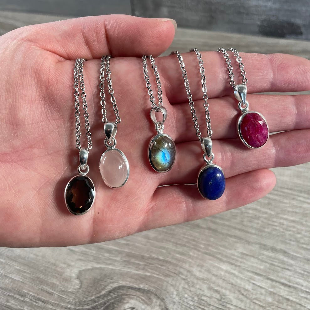 Sterling silver oval gemstone pendants with assorted crystal stones gift shop supply