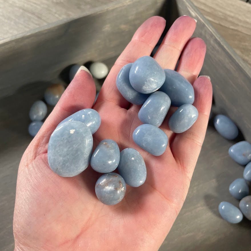 Soft blue angelite stones for healing and meditation