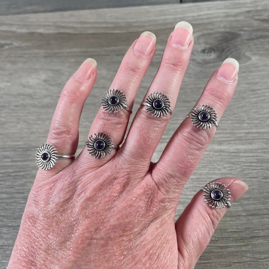 Gemstone Flower Rings – Assorted Pot Metal Styles by Size