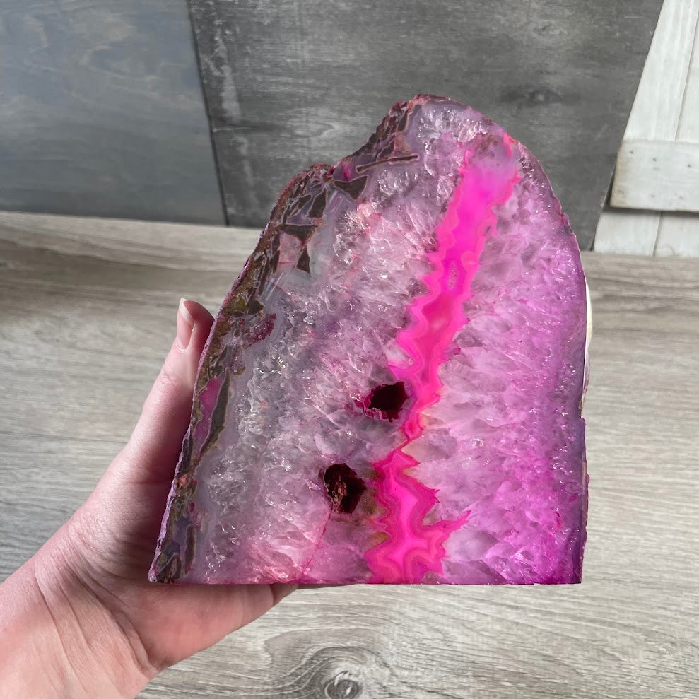 Dyed pink agate crystal gemstone lamp with natural stone banding gift shop supply