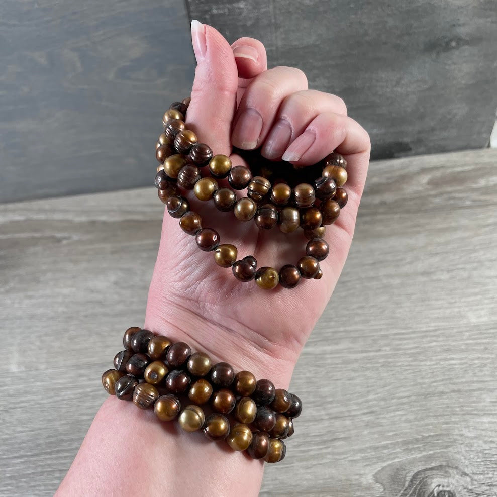 Freshwater Pearl Stacking Bracelet – Bronze Color Beaded Stretch Bracelet