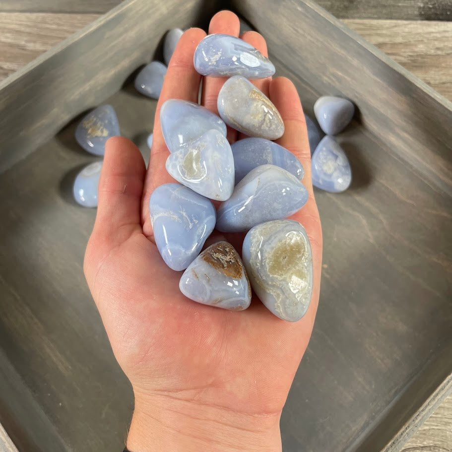 Blue Chalcedony tumbled stones wholesale 1 LB bulk polished crystals