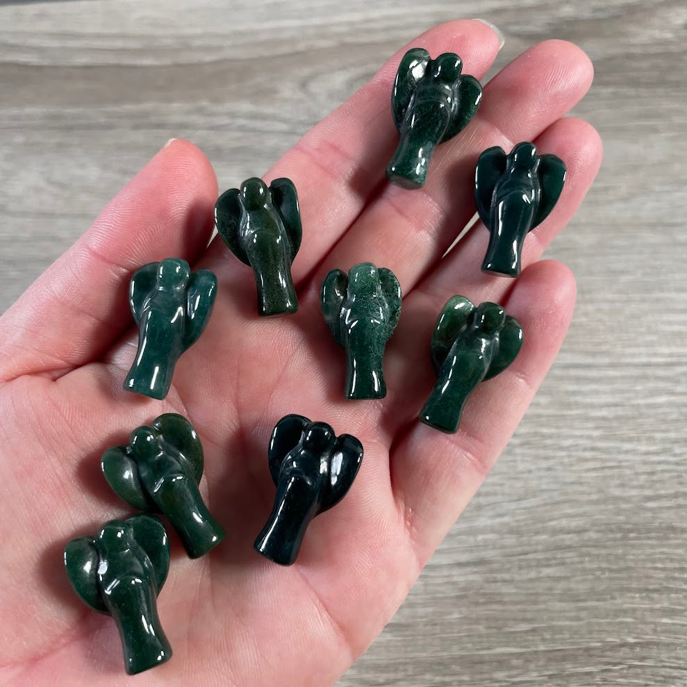 Natural moss agate gemstone angel figurines for metaphysical and spiritual décor
