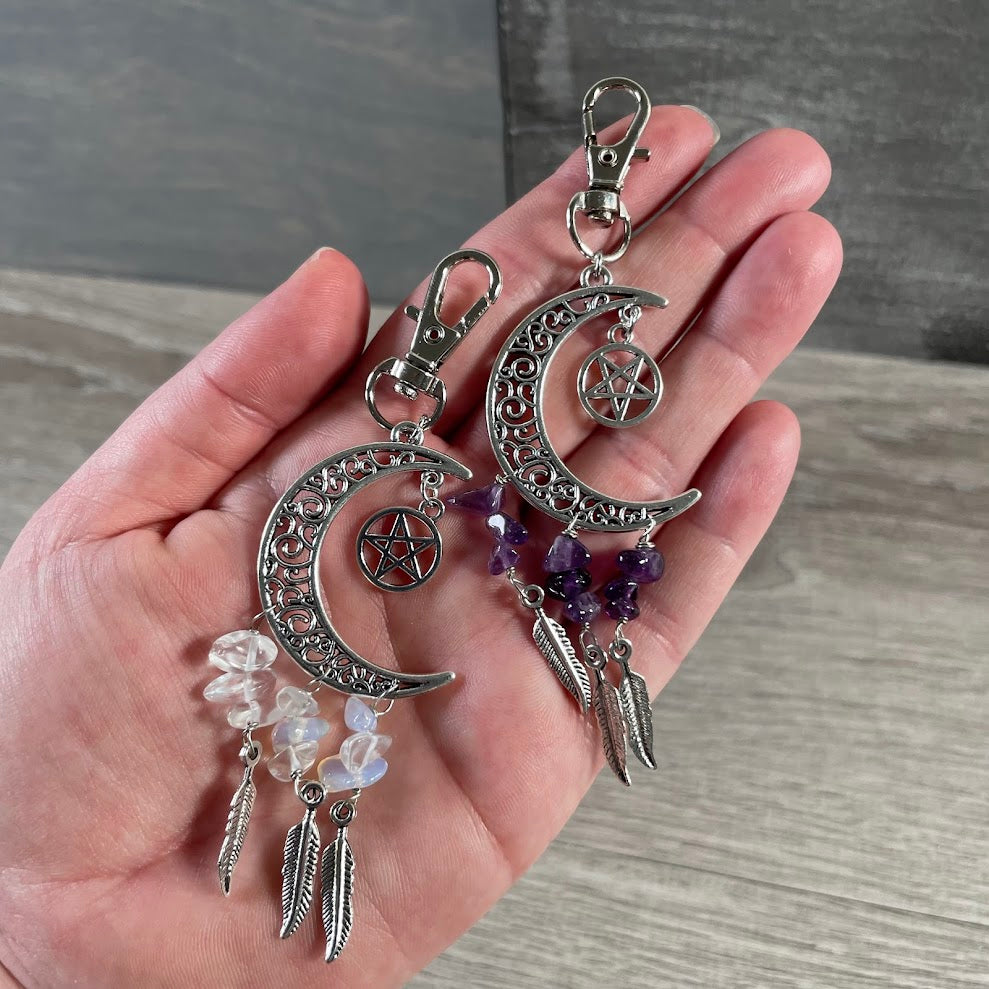 Crescent moon dream catcher keychain accessory for keys bags and backpacks