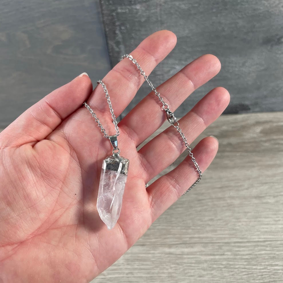 Electroplated Clear Quartz Pendant w Stainless Steel Chain