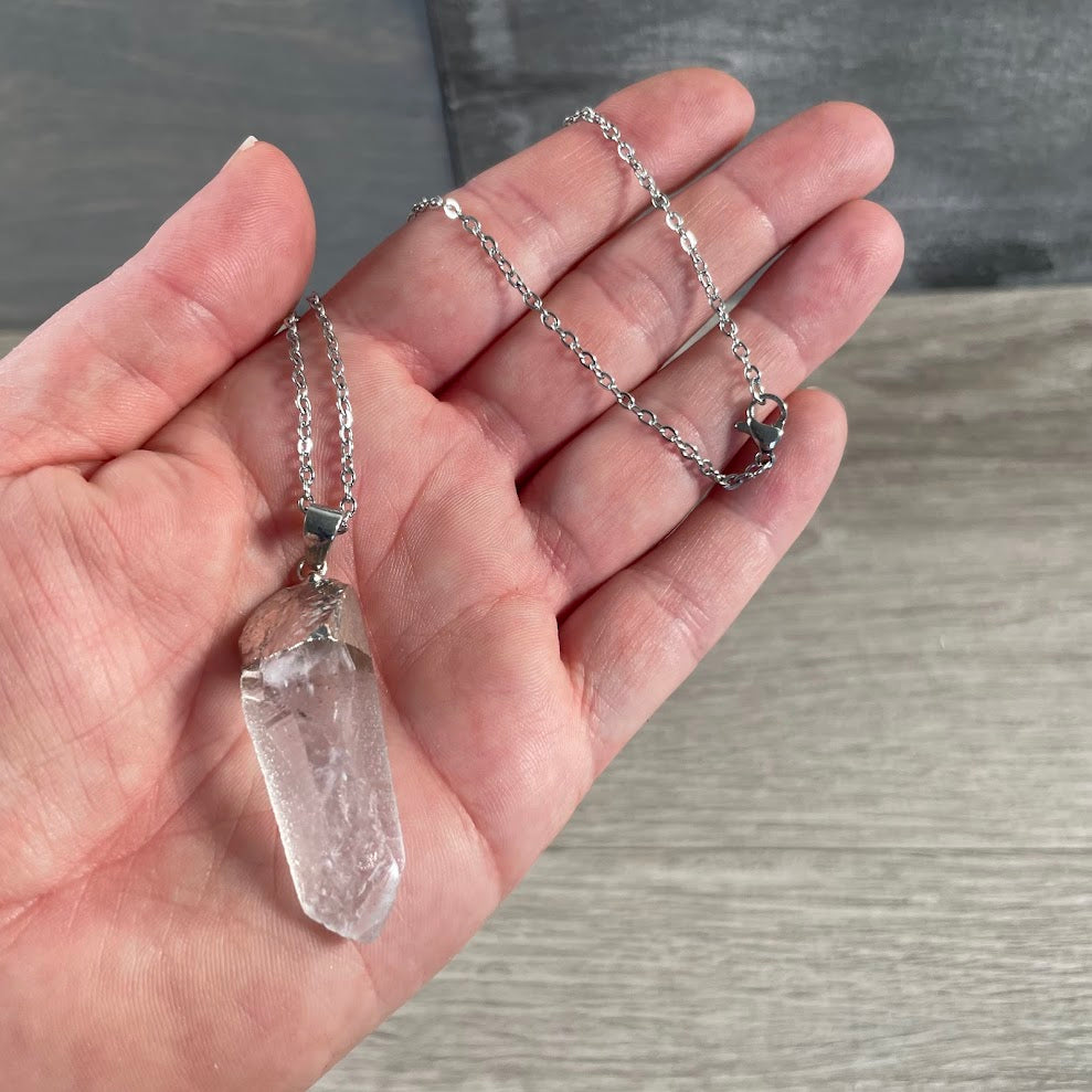 Electroplated Clear Quartz Pendant w Stainless Steel Chain