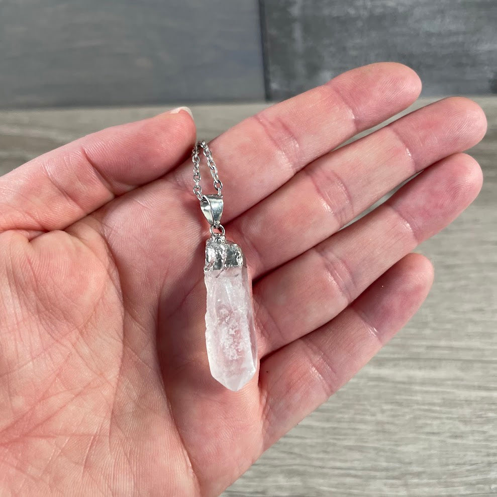 Electroplated Clear Quartz Pendant w Stainless Steel Chain