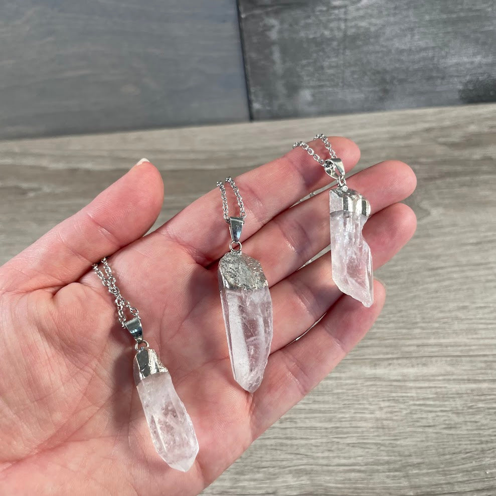 Electroplated Clear Quartz Pendant w Stainless Steel Chain
