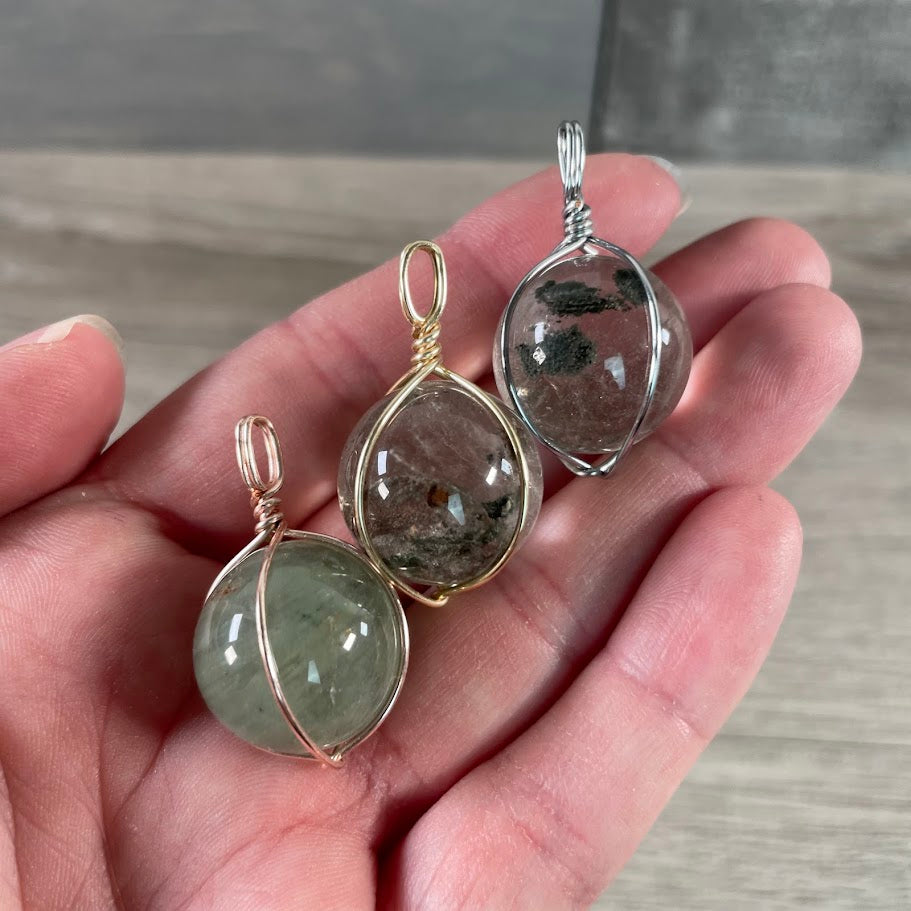 Chlorite Quartz wire wrapped pendant with green inclusions