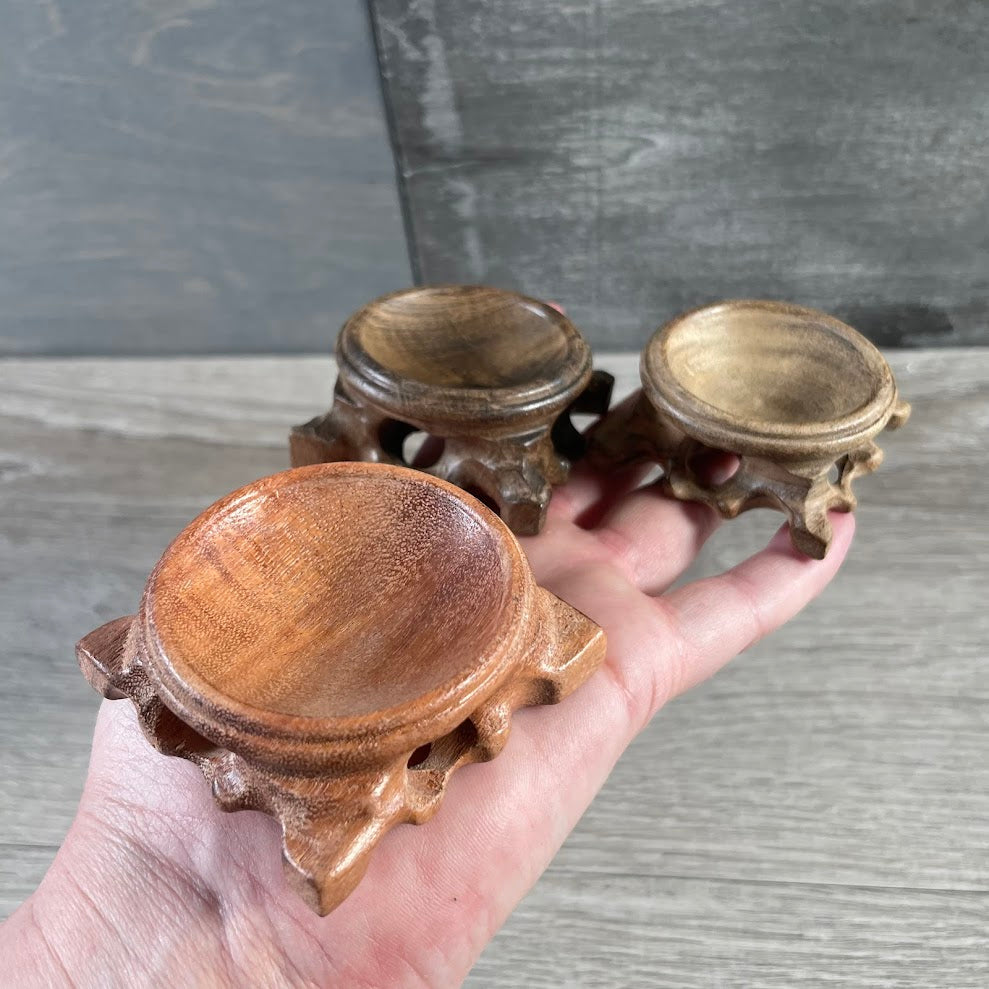 Natural wood holder for polished stone sphere in assorted sizes wholesale