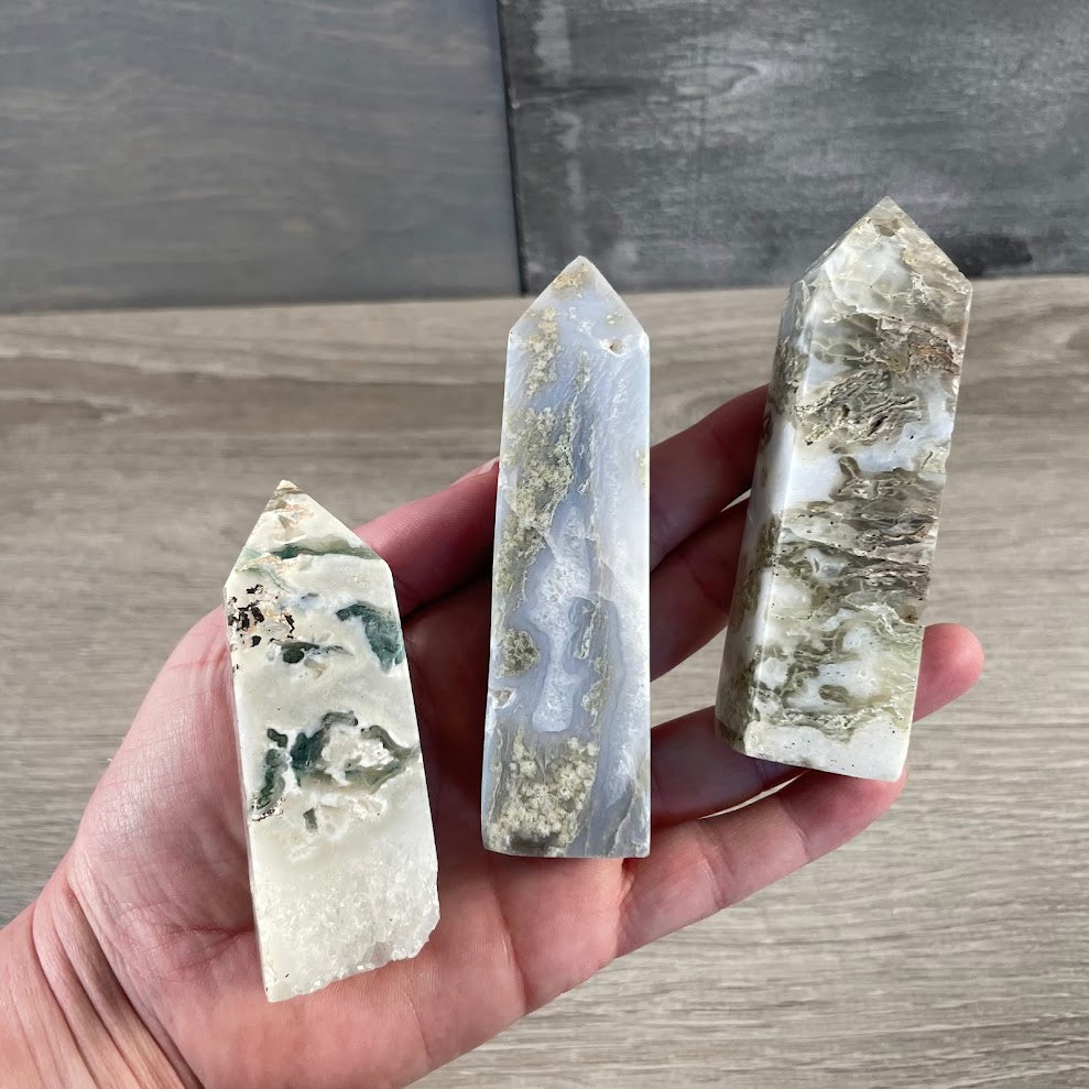 Moss Agate Four-Sided Obelisk Tower – Natural Crystal Tower