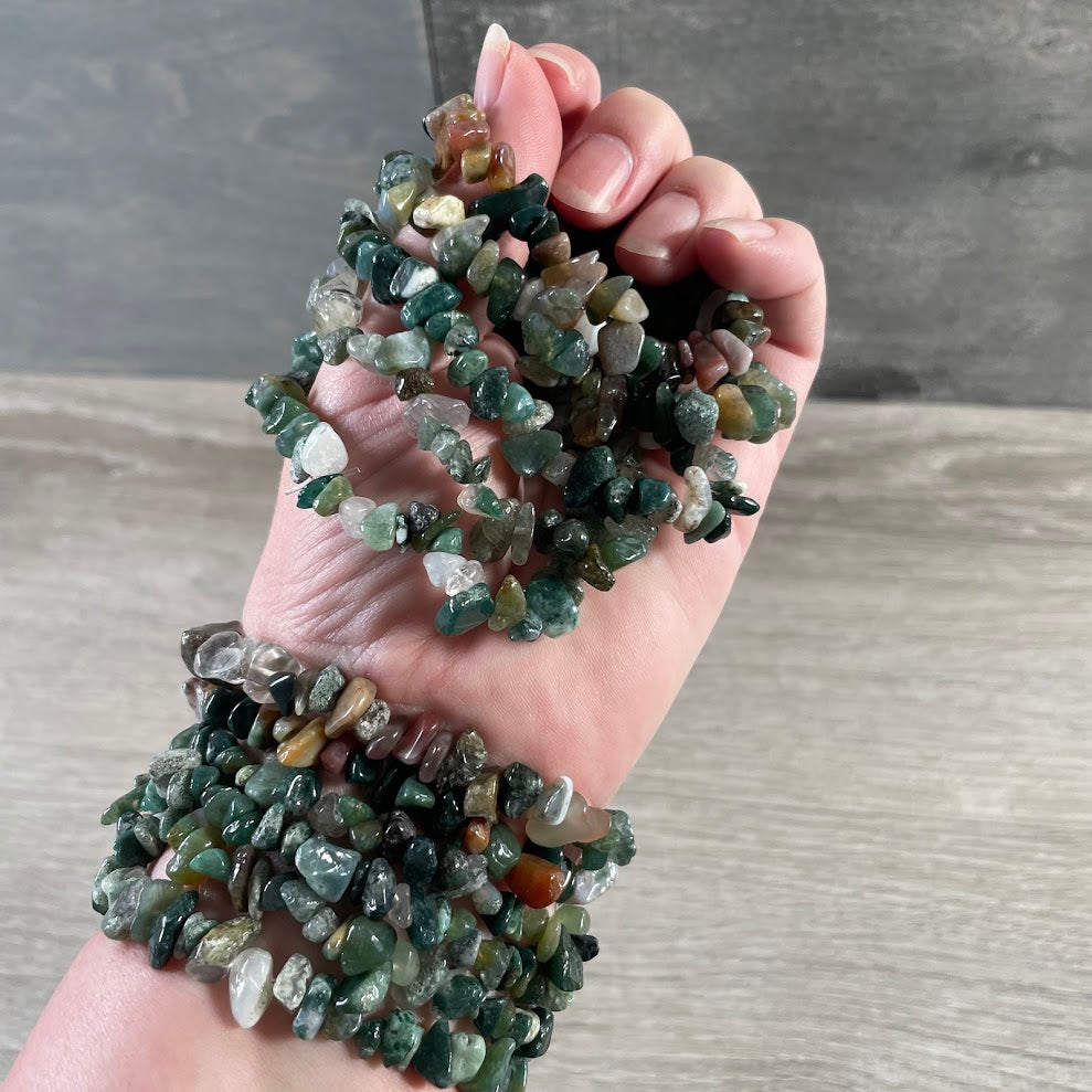 Wholesale moss agate chip bracelets for gift shops