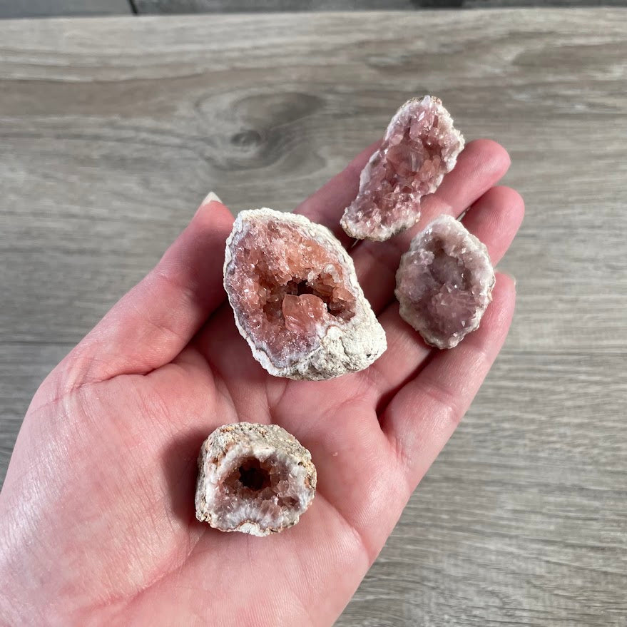 Bulk pink amethyst clusters with soft pink and lavender tones for resale displays